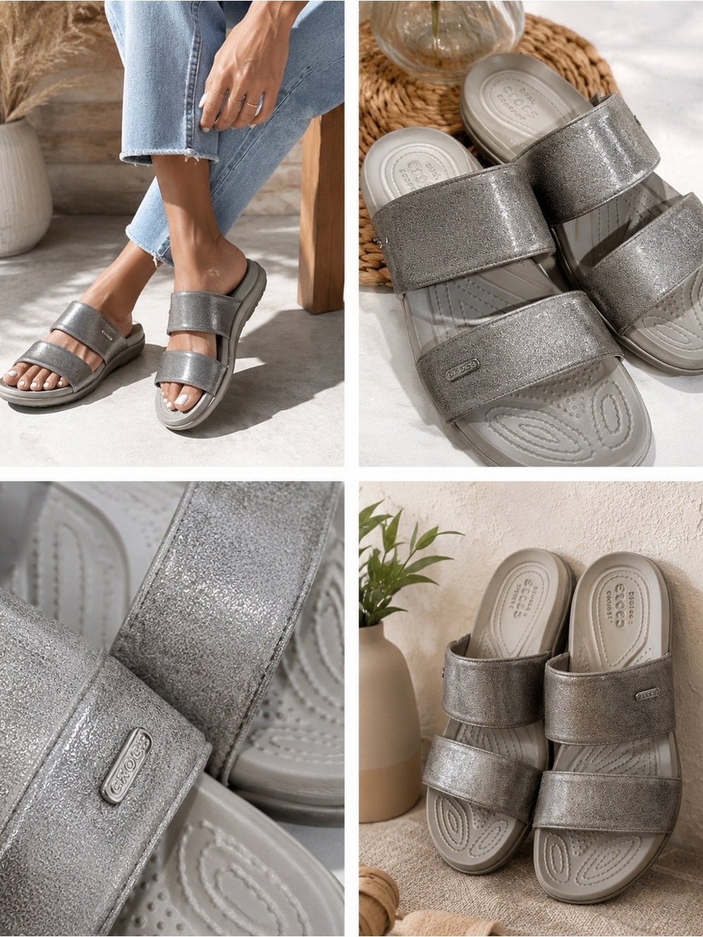 Crocs Dual Comfort Metallic Silver Gray Double Strap Slide Sandals